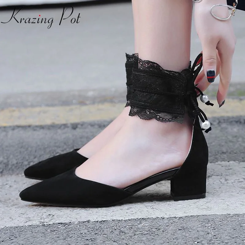 

Krazing Pot full grain leather shoes women pointed toe lace pearl decoration women pumps superstar beauty summer party shoes L38