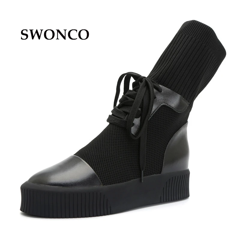 

SWONCO Women's Boots Autumn Genuine Leather Thick Sole Ladies Boot Black Leather Boots Women Casual Shoes Knitting Wool Shoes