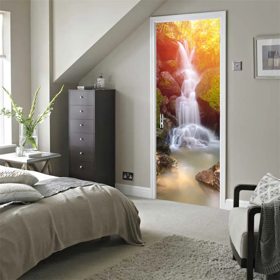 

77x200cm Thailand Forest Waterfall Landscape Door Stickers For Living Room Bedroom Self Adhesive DIY Door Renew Decal Wallpapers