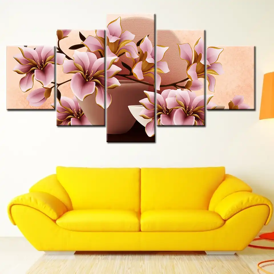 Lienzo Pintura Hd Magnolia Rosa Flores 5 Piezas Pared Arte Pintura