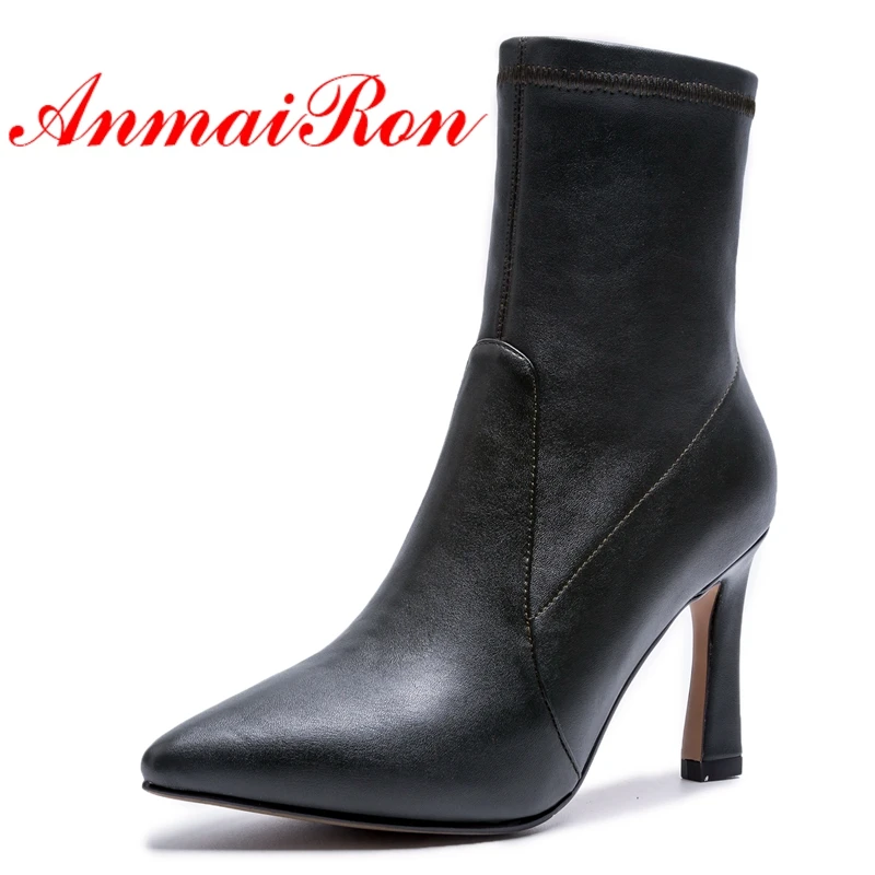 

AnmaiRon Basic Pointed Toe Zip Ankle Booties Ankle Boots for Women Women Shoes High Heel Boots Size 34-41 LY021