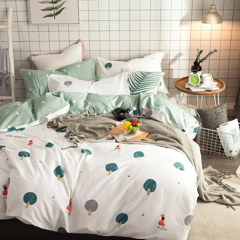 

2018 Simple Green Trees Bedding Set Cotton Fabric 4Pcs Queen Ru Europe Twin Size Duvet Cover Flat Sheet Pillow Cases