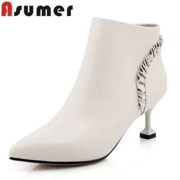 

ASUMER NEW 2020 pointed toe elegant genuine leather boots high quality fashion ankle boots for women zip ruffles winter boots