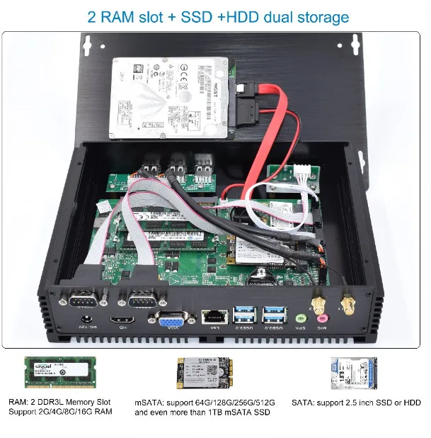 Новый промышленный мини ПК без вентилятора Core i5 7200U 6200U i3 6006U 2 * Lans COM HTPC Windows 10 Linux