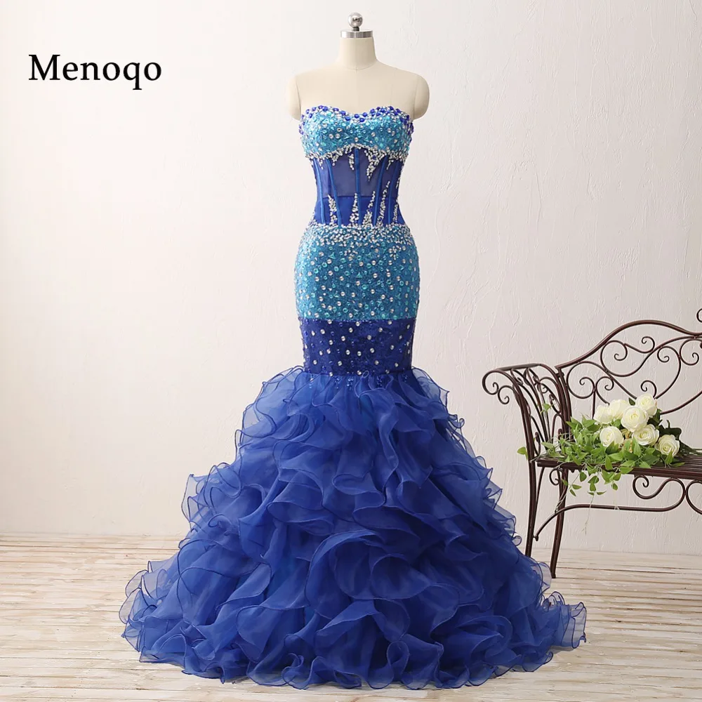 

Actual Images Gorgeous Mermaid Sweetheart Beaded Ruffle Organza Blue Long Evening Dresses Court Train 0206-PRD