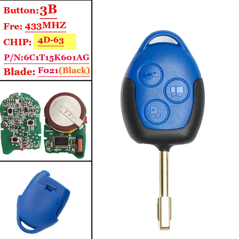 Günstig Nach markt 433 mhz 4D63 Chip P N 6C1T15K601AG 3 Taste Remote Auto Key Fob für Ford Transit WM VM Mit Schwarz Klinge FO21