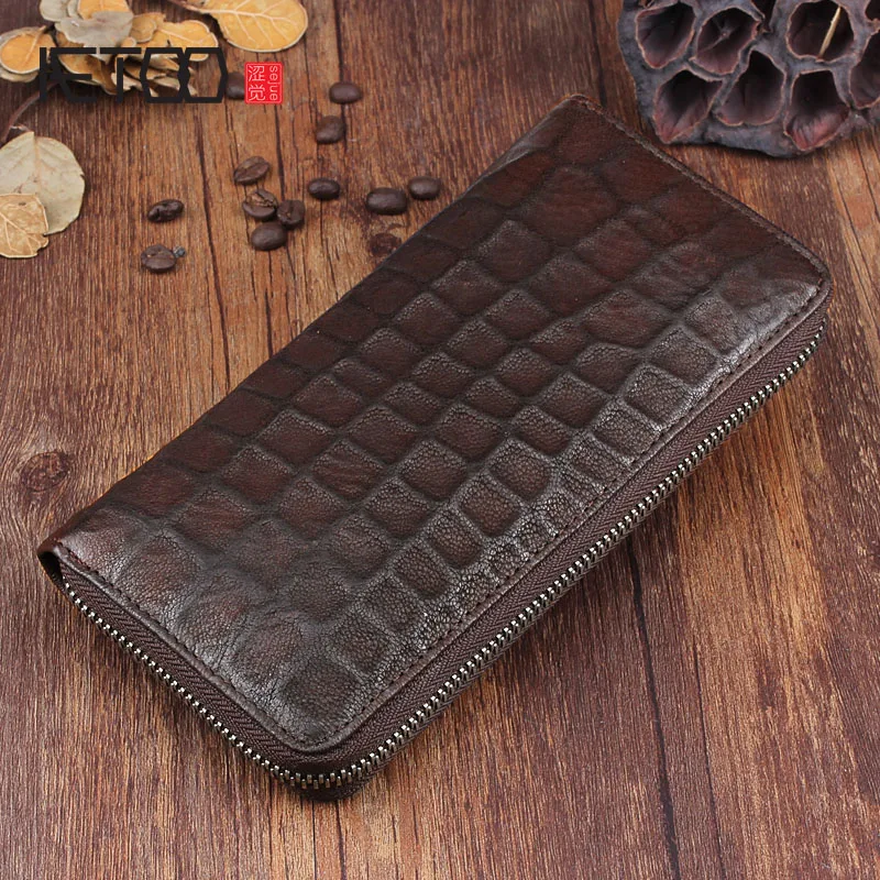 

AETOO Handmade wallets retro male long paragraph leather fold sheepskin handbag zipper long zipper casual Vintage wallet