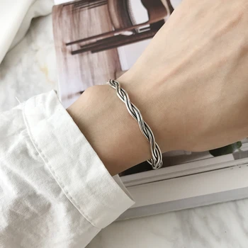 

SUNIANGON Thai Silver 925 Sterling Silver Weave Twist Wire Bangle Bracelet Distorted Metal Bracelet All Match Bangel Women Jewel