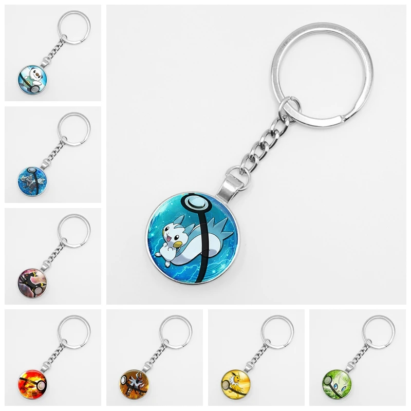 

New Retro Simple Anime Pokemon Go Key Ring Pikachu Glass Keychain Pocket Monster Keyring Pendant Mini Squirtle Eevee Vulpix