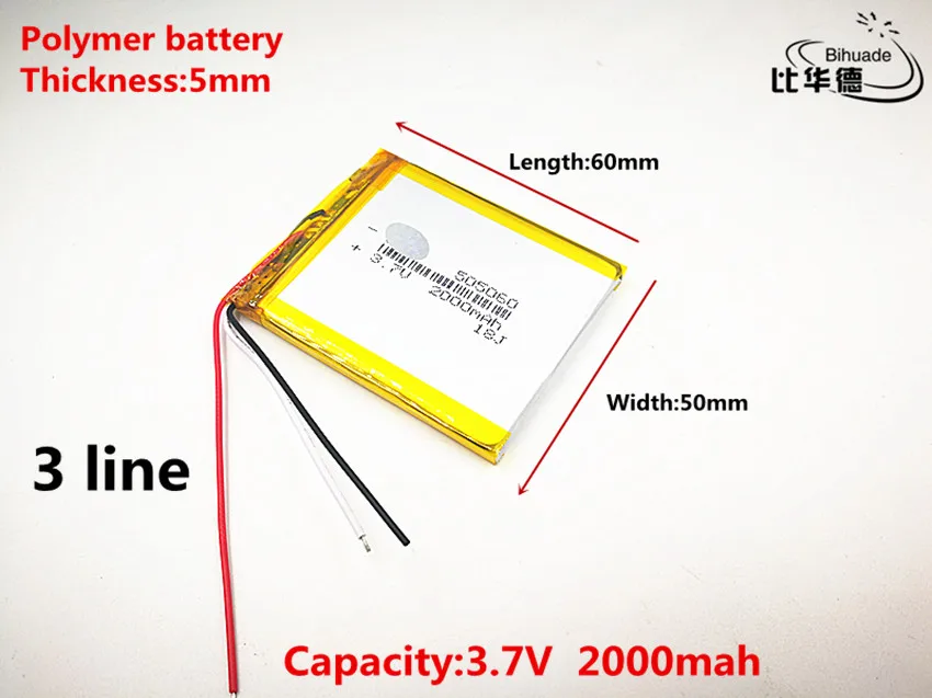 3 линии хорошего качества 3,7 V, 2000 mAH, 505060 полимерный литий-ионный/литий-ионная аккумуляторная батарея для игрушка, портативное зарядное устройство, gps, mp3, mp4