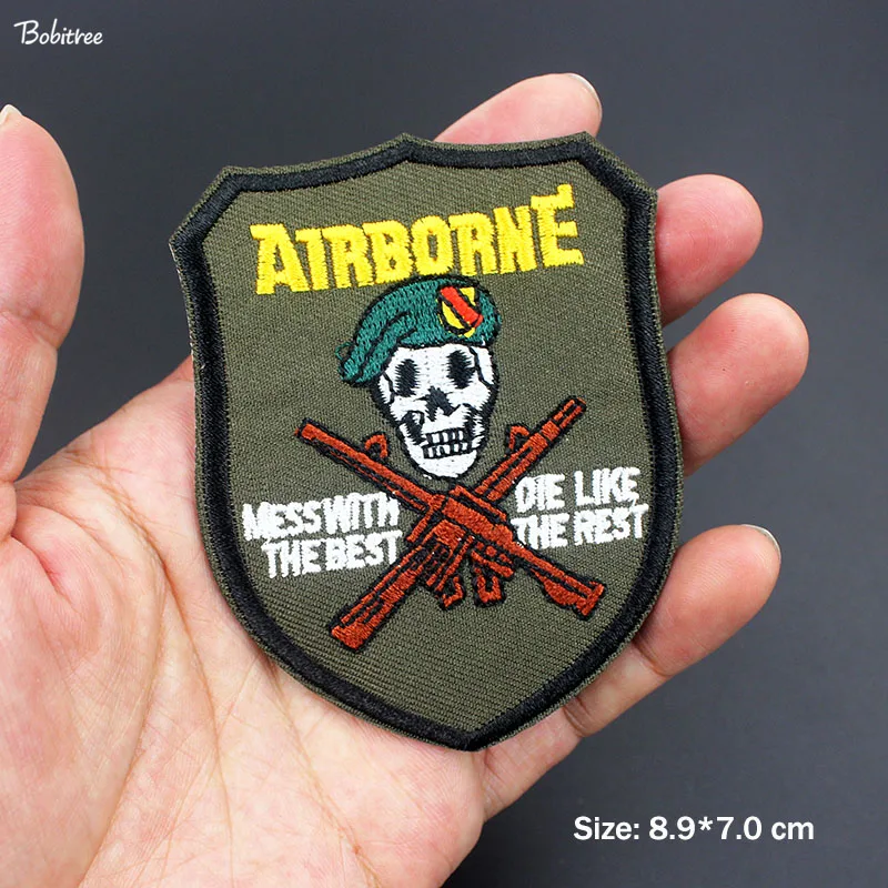 

Skull Army Green Airborne Military Patches Iron on for Clothing Embroidered Applique Badges for Jacket Jean Stickers