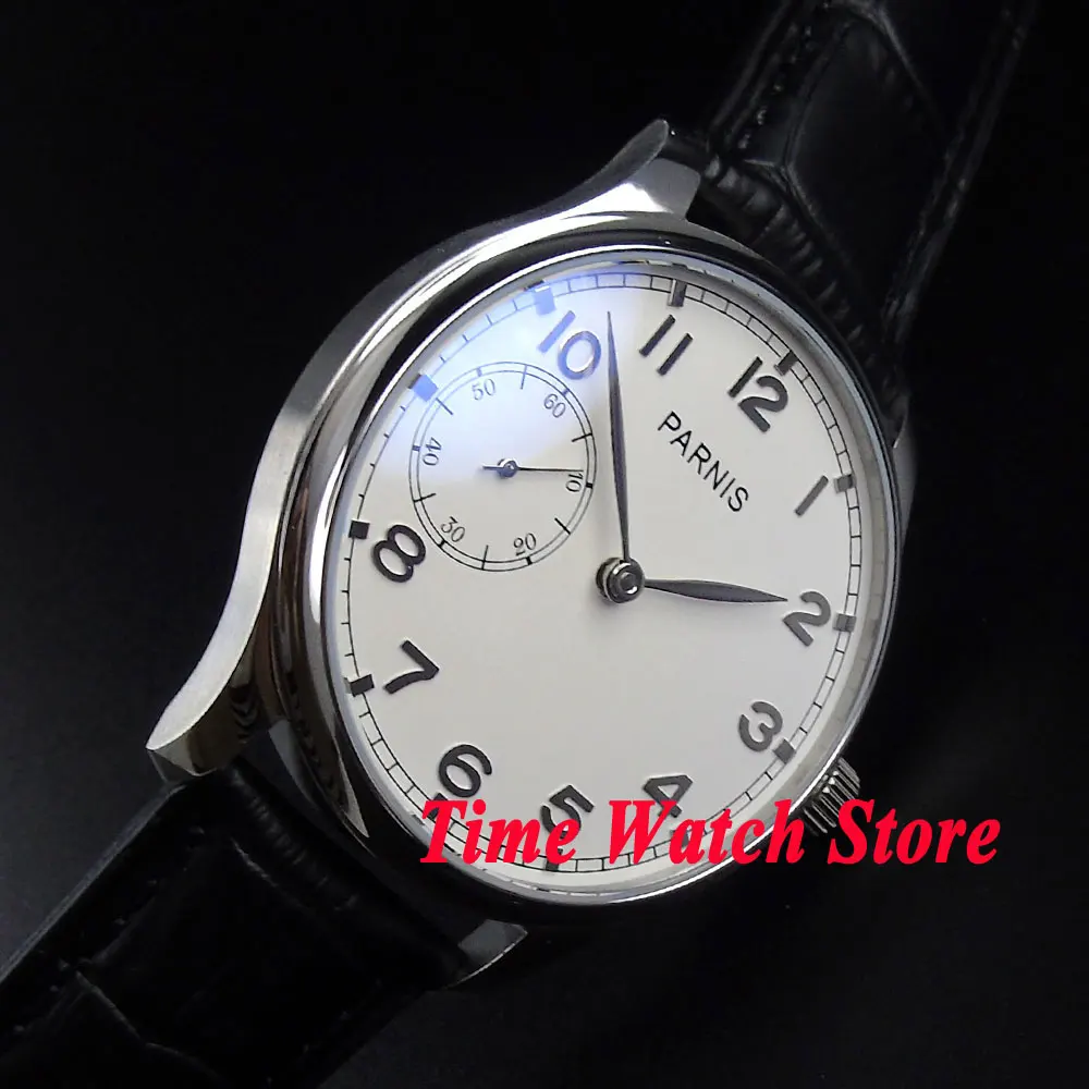 

Parnis 44mm white dial silver hands marks 6497 mechanical hand winding movement Men's watch 516