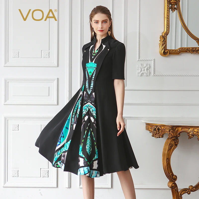 

VOA 2019 Summer New Black Vintage Half Sleeve Plus Size Dress Heavy Silk Pearl Clasp Elegant Women Midi Dress AJX02701