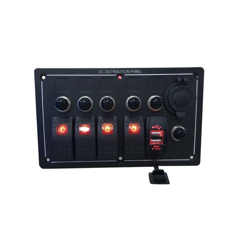 

Iztoss Waterproof 5 Gang Aluminum LED Rocker Switch Panel Power Socket Marine Boat