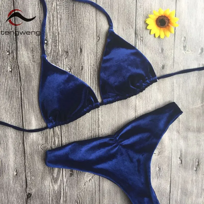 

Tengweng 2017 Cheap New Royal Blue Velvet Bikini Halter Thong Bandage Swimsuit Female Swimwear Bikiny Set Women Bathing suit