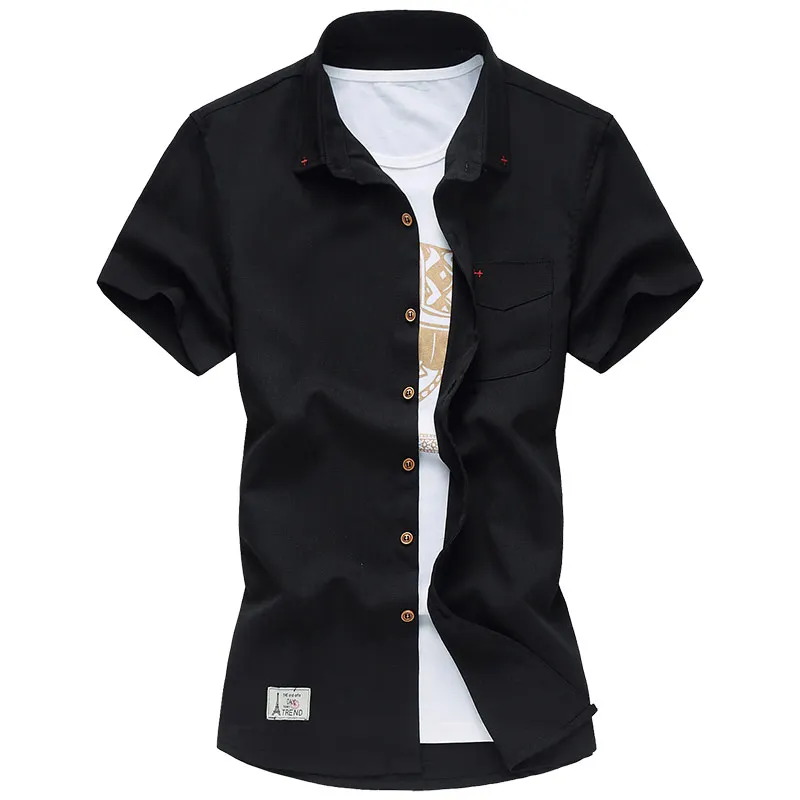 Новое поступление Брендовые повседневные мужские рубашки Slim Fit вышивка короткий рукав платье рубашка модная одежда патч дизайн Chemise Homme 7XL - Цвет: Черный