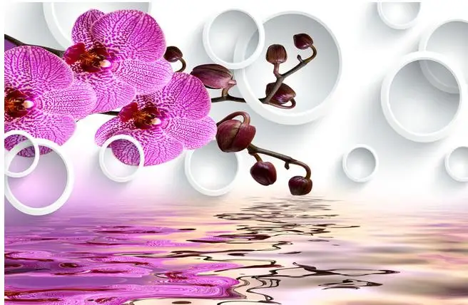 

window mural wallpaper Beautiful romantic purple phalaenopsis circle water reflection TV background wall