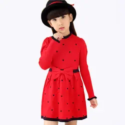Красный детская одежда для девочек Дети осень-зима трикотажные Платья-свитеры для Обувь для девочек с круглым вырезом и длинными рукавами