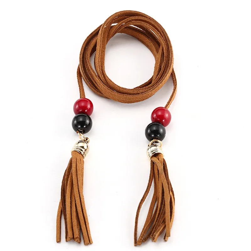 Women Hand-Knit Long Braid Tassel Party Belts Fringe Thin Leisure Leather belt for women Fashion Accessory 40JA0411