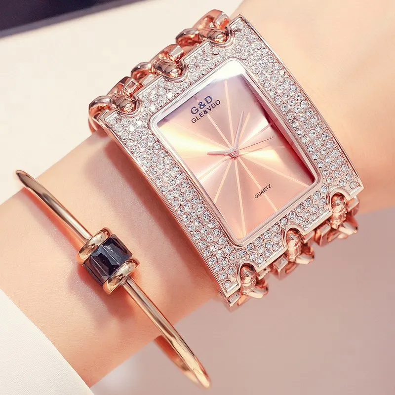 Лидер продаж, модные женские наручные часы с бриллиантами, прямоугольным циферблатом, из нержавеющей стали, с цепочкой, аналоговые женские часы