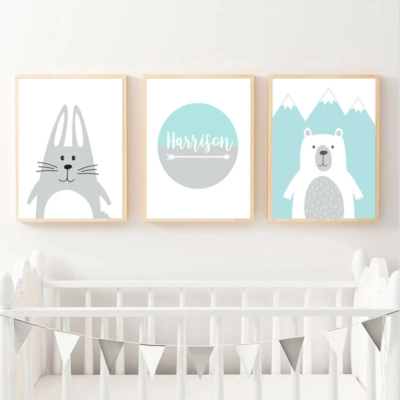 Custom Name Poster Cartoon Animal Baby Nursery Wall Art Canvas Painting NordicPrint Bear Rabbit Pictures Kids Room Decor|Рисование и
