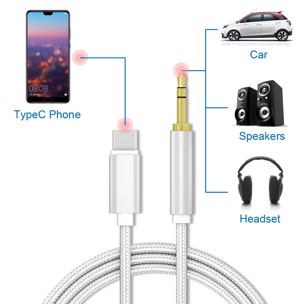 Аудиокабель с разъемом типа C до 3,5 мм, адаптер для USB C с разъемом типа c, Aux кабель для автомобильного динамика, для samsung Note 10 Plus, для HUAWEI, Xiaomi