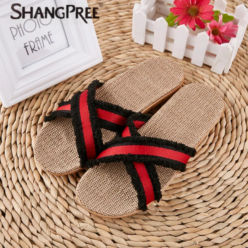 

SHANGPREE 2018 Fashion Flax Home Slippers Indoor Floor Lovers Shoes Cross Belt Silent Sweat Slippers For Summer Women Sandals