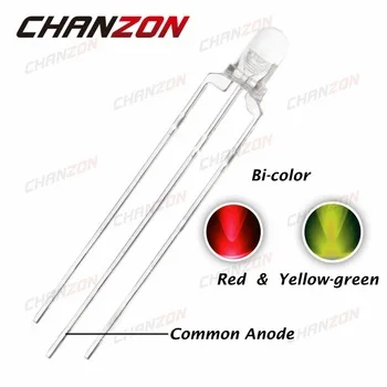 CHANZON 100pcs Transparent 3mm LED Diode Red And Yellow Green Common Anode 3 mm Clear Lens Round Bicolor Light Emitting Diode