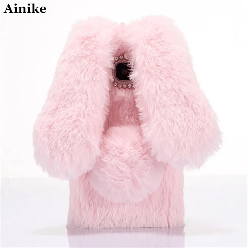 Ainike Luxury Warm Winter Hair Furry Bling Diamond Cover Smooth Soft Rabbit Ear Fur Back Case For LG 5 lg6 6 V30 V3 XCAM |