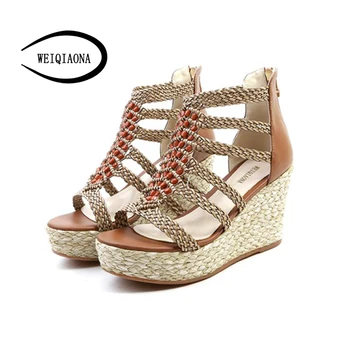 

WEIQIAONA New Bohemia Sandals Women shoes Sexy hemp rope rattan weaving Wedges heels Platform Genuine leather High Heel sandals