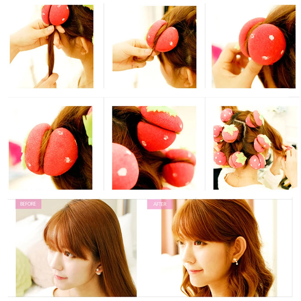 

6pcs New Women Styling Accessories Lady Pink Strawberry Sleep Round Hair Curlers Roller Magic Soft Sponge Curls Balls