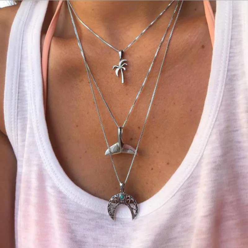 

Mermaid Tail Virgin Chain Alloy Moon Coconut Tree Metal Rod 3 Layer Pendant Necklaces Bohemian Party Jewelery Choker Necklace