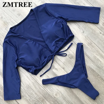

ZMTREE Deep V Neck Swimsuit Thong Bikinis Set Women Swimwear with Long Sleeve Bandage Bathing Suit Sexy Beachwear 2019