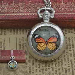 Модная бабочка кварцевые карманные часы ожерелье женщина FOB часы Серебряный Круглый выпуклая линза стекло леди девушка милая новинка 2016