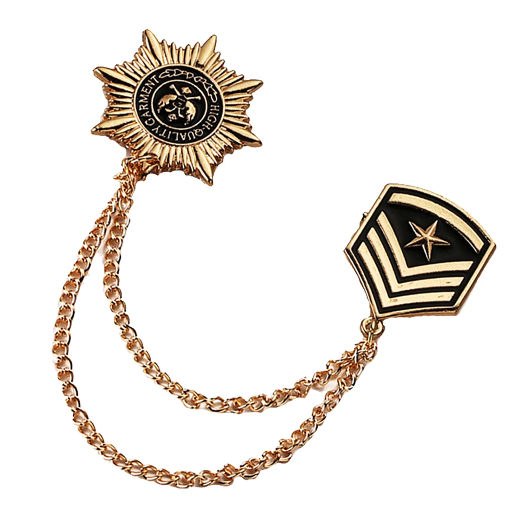 Vintage Retro Gold Tassel Chain Brooch Pins Anise Star Shield Army Medal Ornaments for collars hats handbags clothes suits