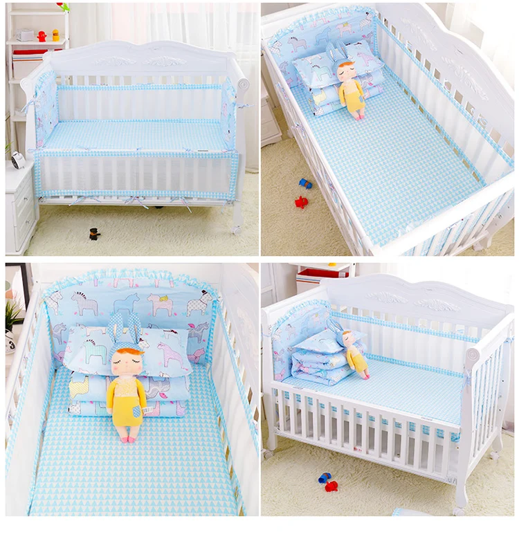 Детские постельные принадлежности для кроватки, комплект летней детской кроватки из хлопка, сетчатые бамперы+ наполнитель, 7 шт