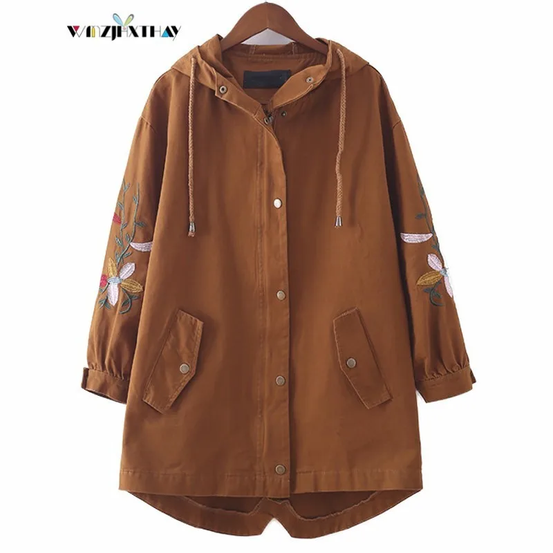 4XL тонкий необычный Тренч, осенняя Новая мода, свободный длинный участок, хлопок, лен, вышивка, с капюшоном, ветровка, пальто