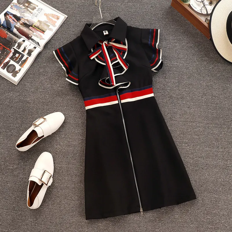 

2019 New Runway Summer Women Retro Butterfly Sleeveless dress Bow Tie Collar Ruffles Weave Striped Mini Dresses Vestidos robes