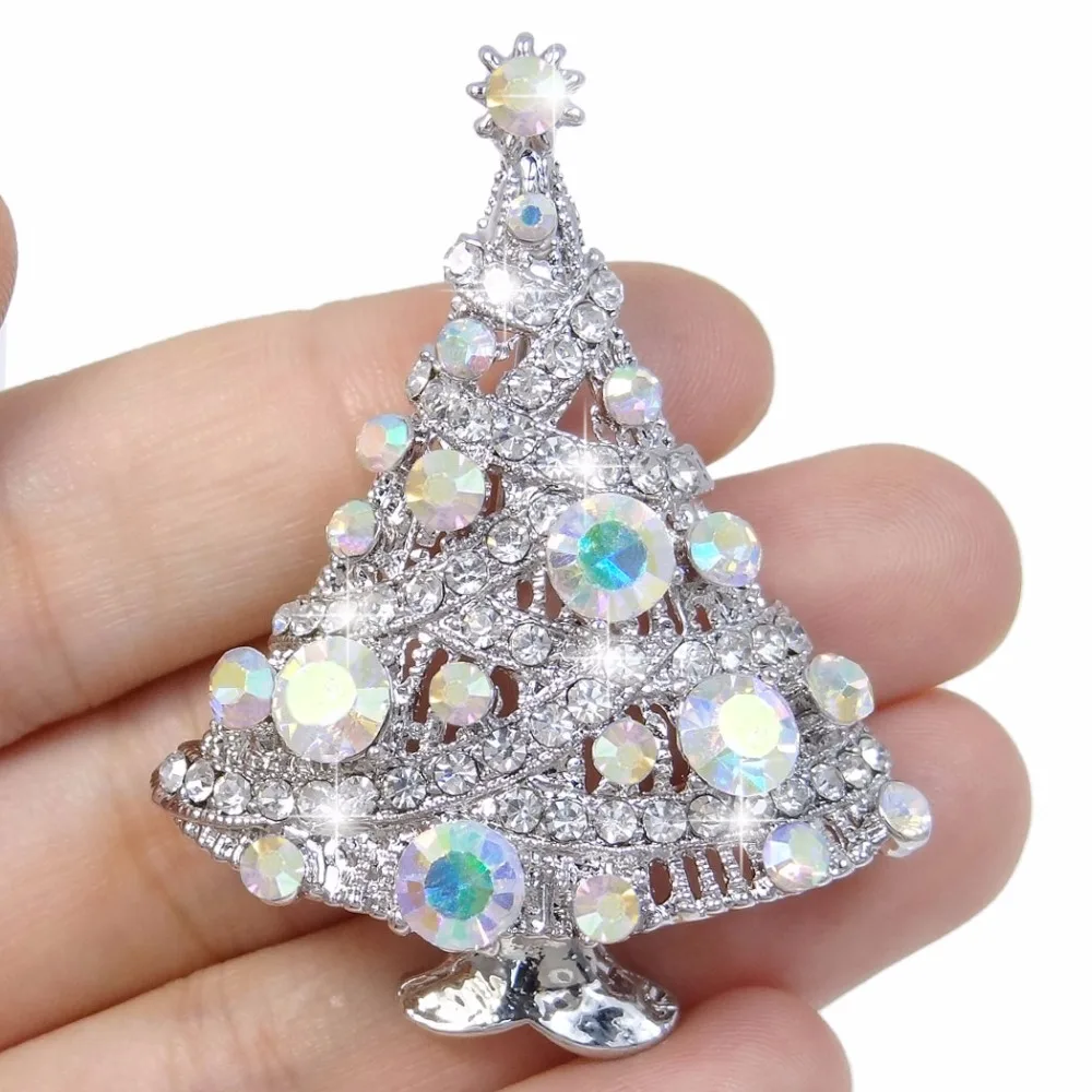Bella Fashion Clear AB Bling Christmas Tree Rhinestone Brooch Pins