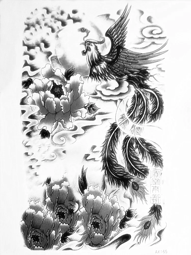 Ax165 12cm X 20cm Black White Peony Flowers Phoenix Beauty Back