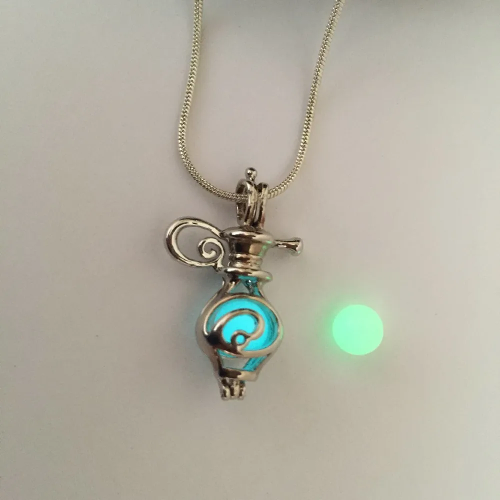 

Wine Pot Pendant Glowing Bead Necklace Aladdin Lamp shape DIY can open Flag Locket Charm Luminous Crystal Beads Pendant Necklace