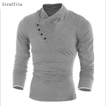 2017 New Autumn Mens Oblique Button Collar T Shirt Fashion Men Long Sleeve T Shirts Slim Fit T-shirt Solid Tee