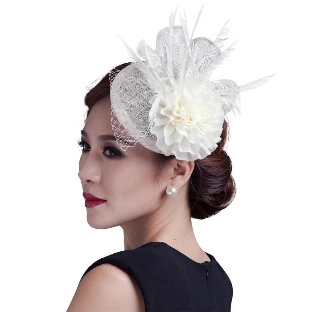 2018 women ivory chiffon flowers Fascinator with feather ladies sinamay