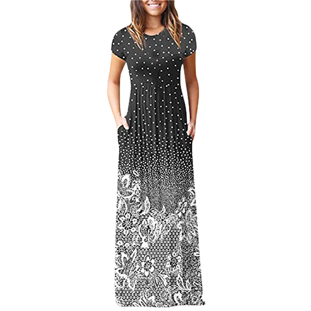 

2019 new fashion Women Long Maxi Dresses Bohemia Casual Floral Printed Short Sleeve With Pocket Maxi Long Dress vestidos verano