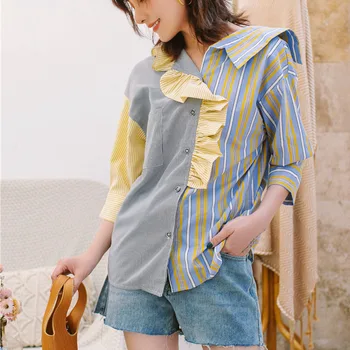 2019 new summer fashion women clothes turn-down collar three quarter sleeves striped ruffles patchwork shirt
2019 new summer fashion women clothes turn-down collar three quarter sleeves striped ruffles patchwork shirt