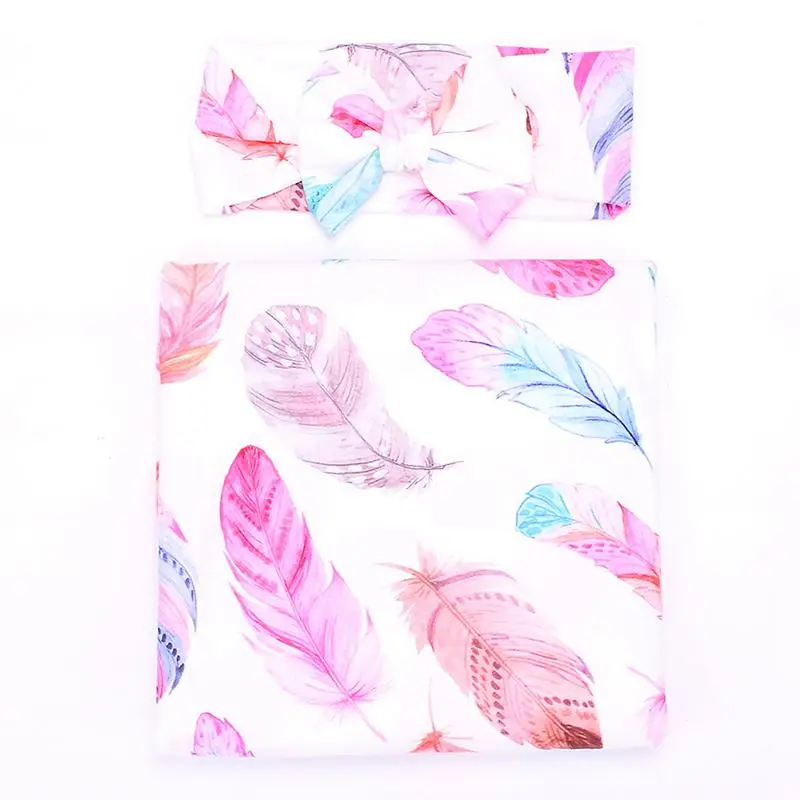 

Newborn Baby Swaddle Floral Receiving Blankets with Hospital Headband Value Set Feather