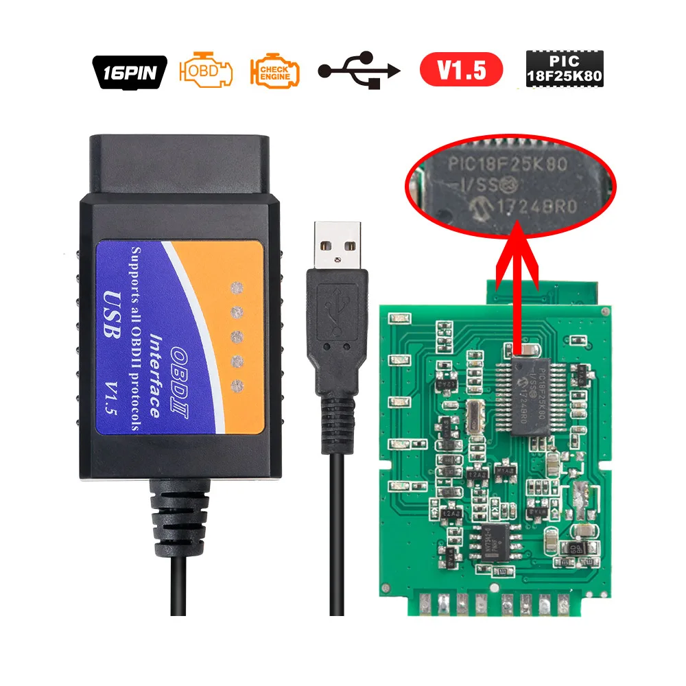 ELM327 usb мини Bluetooth V1.5 PIC18F25K80 OBD2 считыватель кодов Сканер V2.1 Супер Мини ELM 327 wifi Android obd2 диагностический инструмент - Цвет: v1.5 USB