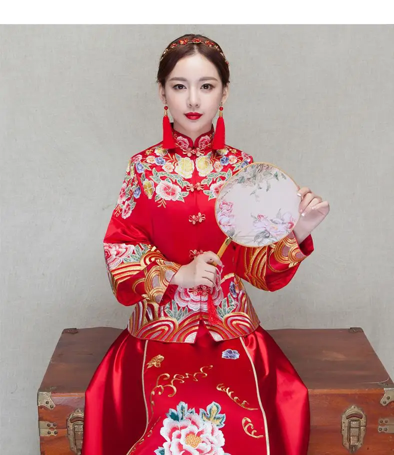 Китайское женское свадебное платье женское традиционное Ципао набор изысканное цветочное вышитое платье-чанпао новые тонкие элегантные