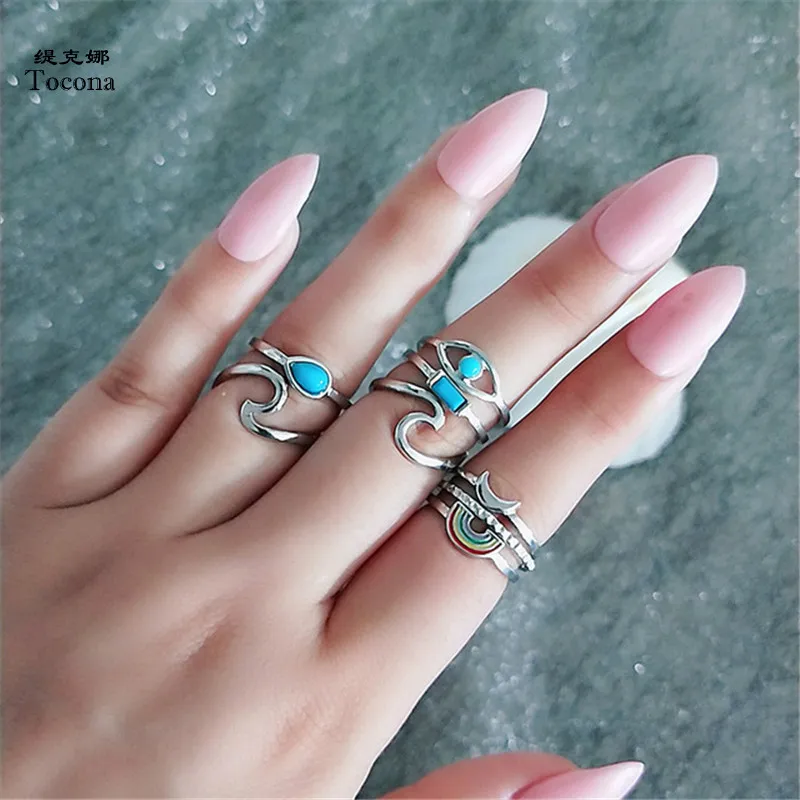 

Tocona 8pcs/Set Bohemian Vintage Antique Silver Moon Wave Rainbow Charm Finger Midi Knuckle Rings Set for Women Jewelry 6584