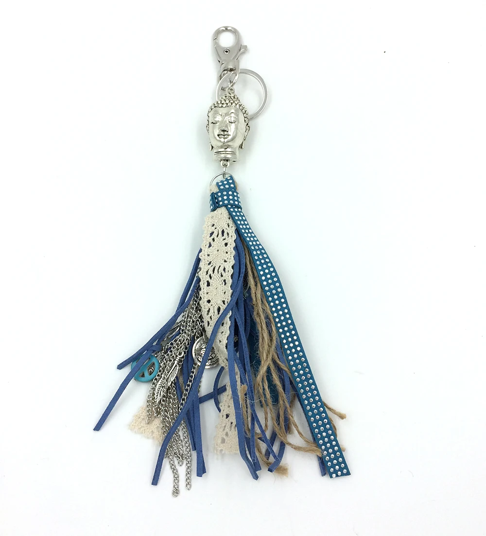 Fashion car key chains lanyards Key ring key finders feather keychains Leather tassel carved buddha pendants bag rings bag chain